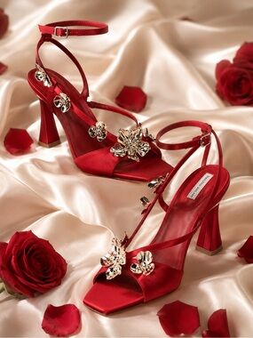 Antonio Melani Zoee Garnet Red Satin Flower Ornamented Ankle Strap Dress Sandals